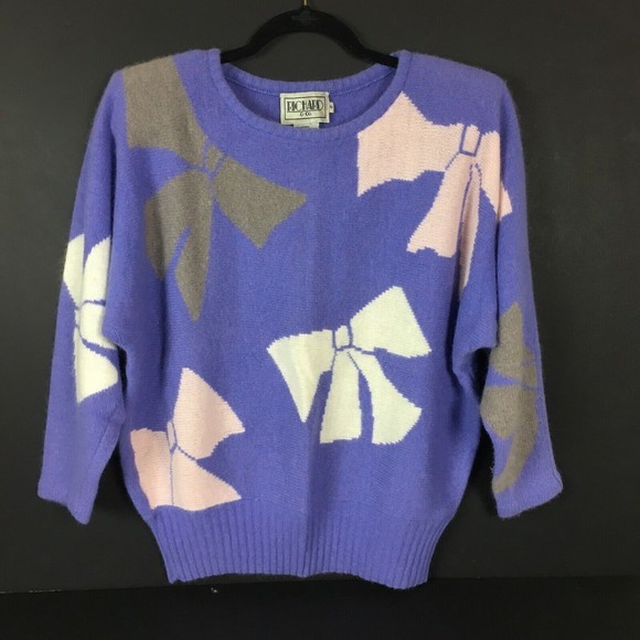 Vintage Richard & Co Angora Lambswool Big Bows Purple Intarsia Sweater Small - Picture 1 of 7